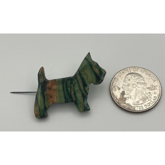 Heather Gems Scottish Terrier Dog Brooch Marbled Green & Brown Handmade Pin Jewe - Picture 4 of 6